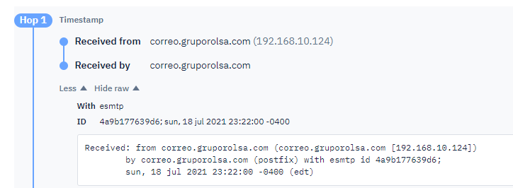 Screenshot: Below is a snippet of Hop 1 of 6 (SMTP relays).