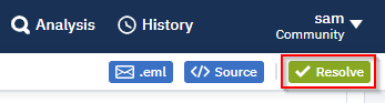 Screenshot: The attachment file name and file hashes will be marked as malicious. Next, click on Resolve.
