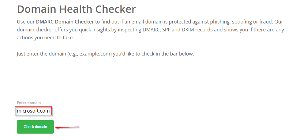 Screenshot: Let's use the Domain Health Checker from dmarcian.com and check the DMARC status of microsoft.com.