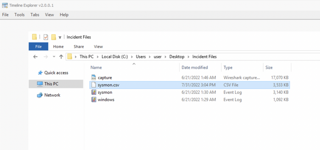 Screenshot: For TimelineExplorer.exe, we can load the exported CSV file by doing the following: File > Open > Choose sysmon.csv from...