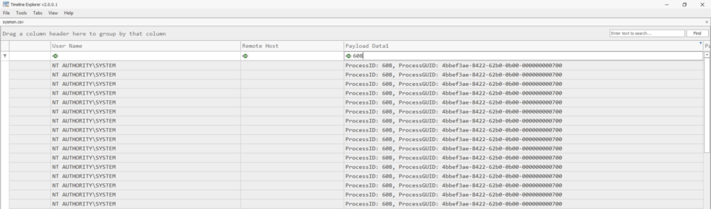 Screenshot: Once the logs are loaded, you may navigate through each column and use the input field to filter specific logs via a unique string.