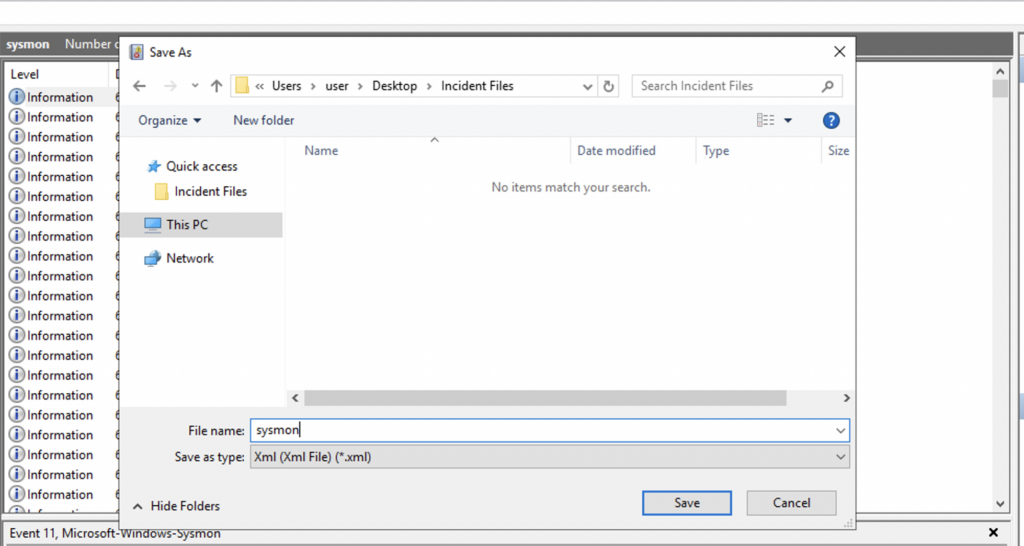 Screenshot: Before using this tool, we must export the log file's contents into XML via Event Viewer.