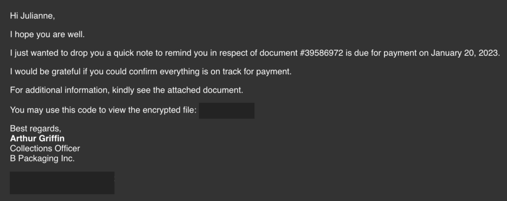 Screenshot: Julianne, a finance employee working for Quick Logistics LLC, received a follow-up email regarding an unpaid invoice from their business...