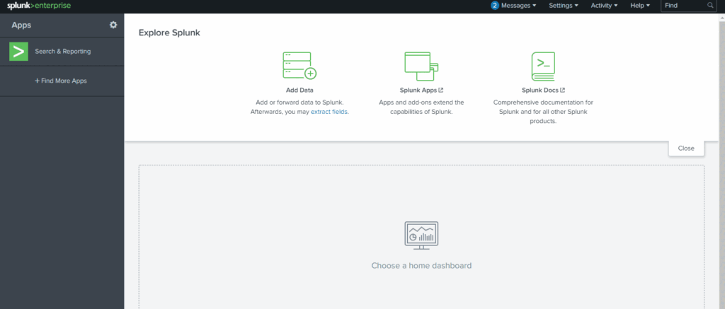Screenshot: The last section is the Home Dashboard. By default, no dashboards are displayed. You can choose from a range of dashboards readily...