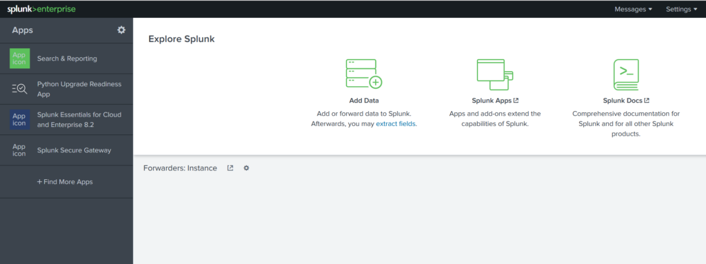 Screenshot: When you access Splunk, you will see the default home screen identical to the screenshot below.