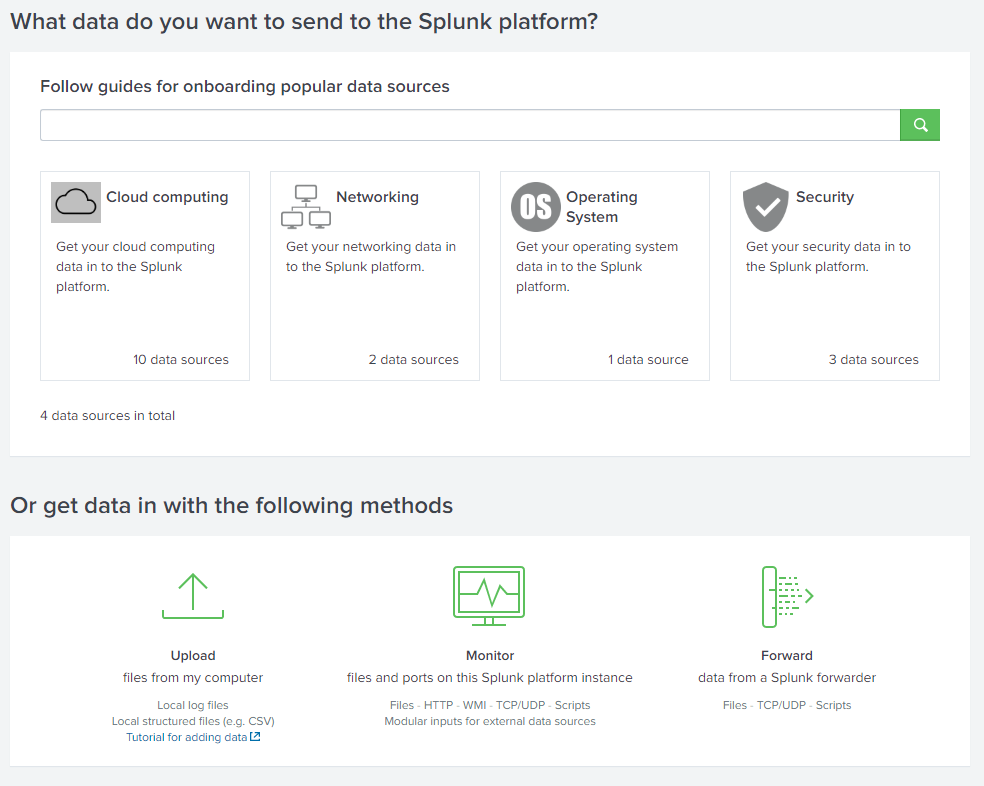 Screenshot: In this room, we're going to focus on VPN logs. When we click on the Add Data link (from the Splunk home screen), we're presented with the...